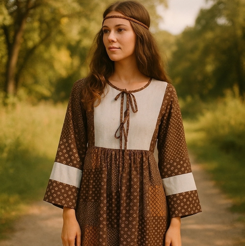 Trivia Vintage 70s Patchwork Hippie Prairie Maxi Dress-Size M